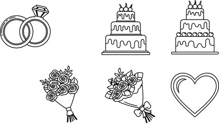 Wedding icon set with rings, cake, bouquet, and heart, clean monochrome vector