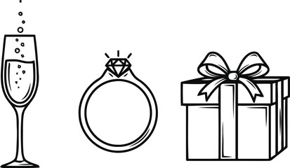 Wedding anniversary icons with champagne glass, ring, and gift, minimal black and white vector