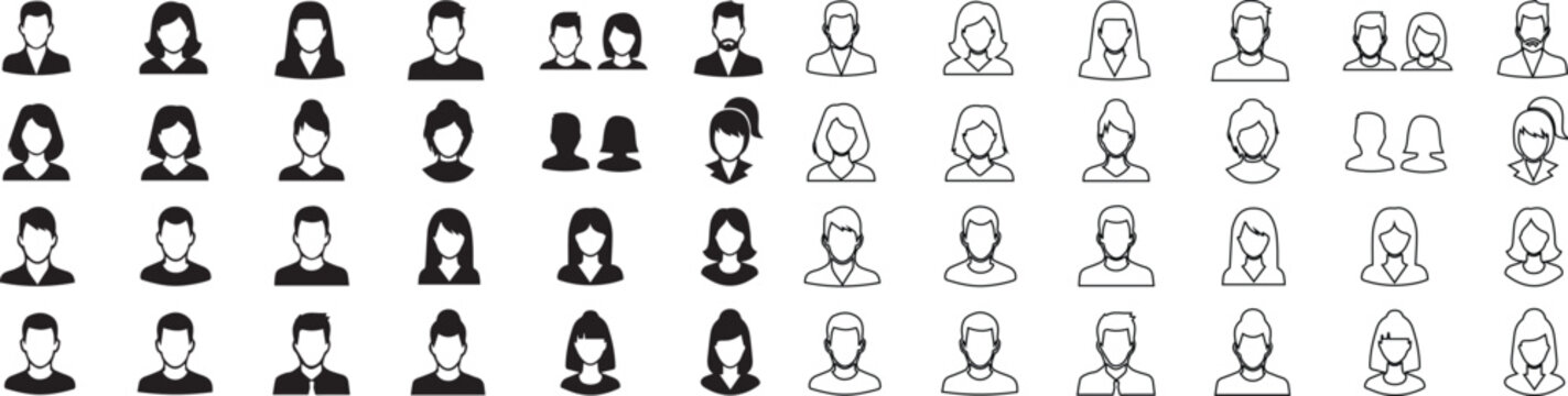 Big Set of User Profile Avatar Icons. Modern People Avatars in Line and Solid Vector Style. isolated PNG with Transparent Background