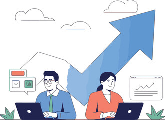 Corporate employees analyzing market data for success and profit increase concept