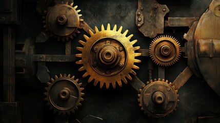 Interlocking gears composed of gold and metal in intricate detail