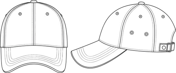 Baseball cap technical CAD drawing with front and side views, curved brim eyelets adjustable strap, cad drawing flat vector illustration