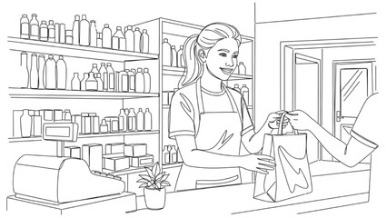 High-quality black continuous line art of a teenager helping in a family shop behind the counter, youth part-time work, small business, minimalistic illustration