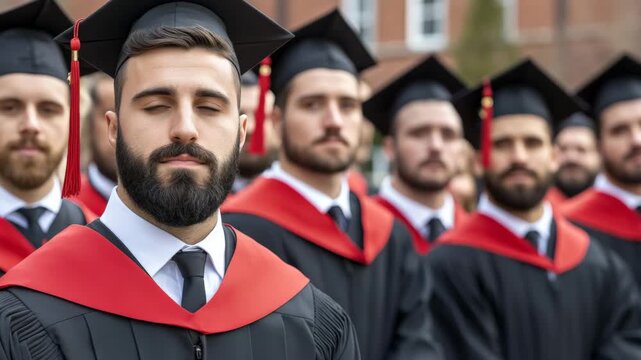Graduation ceremony featuring male students in caps and gowns at a university during daytime