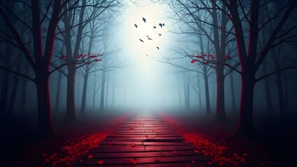 Mysterious forest path with eerie red glow and glowing birds