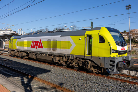 Pontevedra, spain 12 12 2025 stadler locomotive at railway station platform
