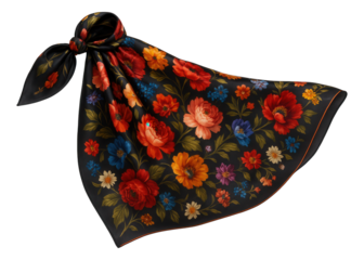 Floral print silk headscarf for women with hand-rolled edges.
