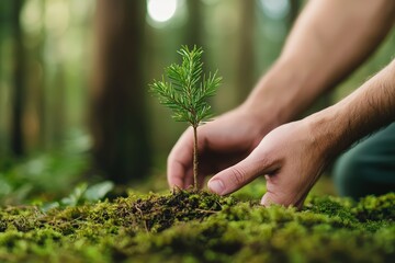Person hands carefully planting a small evergreen tree seedling into moss covered forest ground, symbolizing growth and renewal