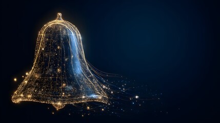 Christmas bell silhouette formed from glowing particles and neon lines in elegant tech holiday style