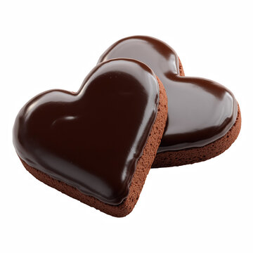 Chocolate-coated heart-shaped gingerbread cookies, two pieces overlapping, isolated on transparent background.