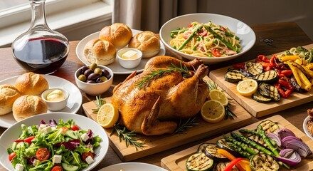 Roasted chicken feast with various dishes and beverages on a table
