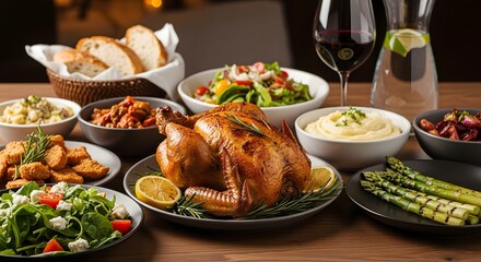 Delicious roasted chicken and side dishes arranged on a wooden table