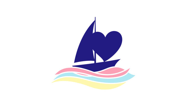 Stylized silhouette of a sailing boat with a heart-shaped sail on colorful waves representing