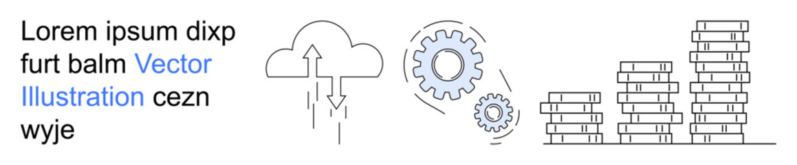 Cloud technology, automation, financial growth, data management, business strategy, innovation. A cloud with arrows, gears and stacked coins. Cloud technology and automation concepts