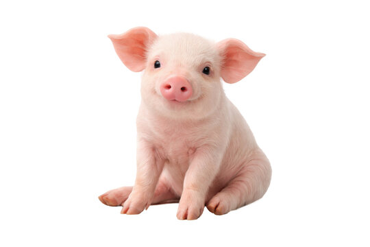 Adorable pink piglet sitting and smiling, isolated on a clean white background, symbolizing farm life, agriculture, and cute animal innocence