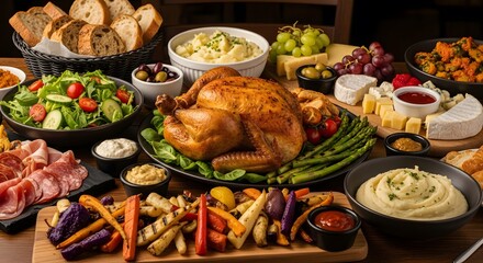 Delicious roasted chicken surrounded by an assortment of appetizers and side dishes