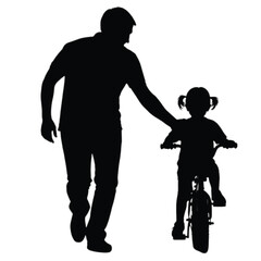 Silhouette of Father Teaching Daughter to Ride Bicycle Keywords: father, daughter, teaching