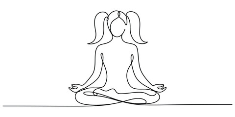 One line drawing of a girl meditating in lotus pose white