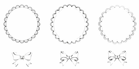 Three decorative frames with scalloped edges and small bow illustrations