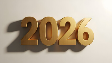 Golden metallic number 2026 on a subtle grey background. Ideal for New Year's celebrations, future dates, anniversaries, and luxury-themed designs. Elegant 3D typography graphic.