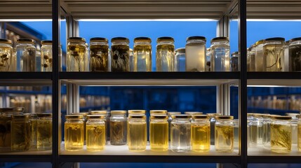 Glass jars filled with preserved botanical specimens are neatly arranged on shelves in a scientific storage facility