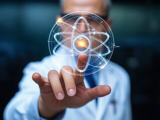 Advanced technology concept showing a scientist interacting with a digital atom model