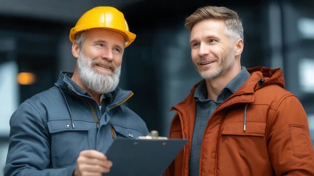 Two construction workers reviewing plans with confidence and expertise