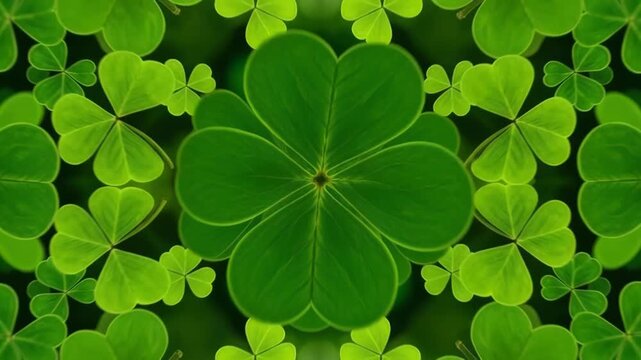 Vibrant green clover pattern kaleidoscope seamlessly transitions creating natureinspired geometric art