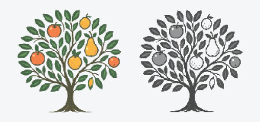 Fototapeta premium Whimsical Halftone Tree Illustrations with Fruits