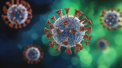 Virus floating with other virus particles on a blurred green background, representing a global pandemic