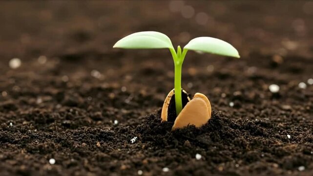 Growing green seedling plant from seed in soil timelapse animation for nature and business growth