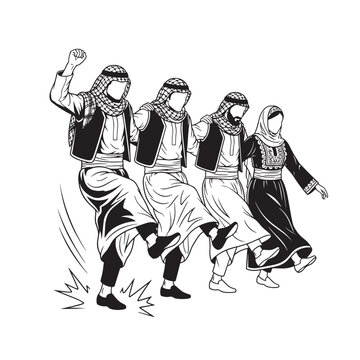 Traditional Dabke Style Dance Performed by Four Women in Veils and Flowing Dresses in Line Formation.