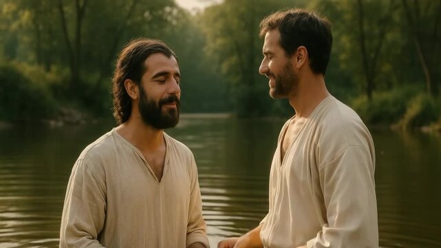 John the Baptist blesses Jesus during a baptism ceremony in a river. A cinematic reenactment of a biblical scene. Christian faith and spirituality concept