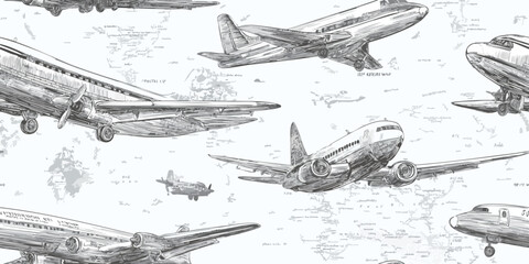Detailed vintage aviation and world map sketch seamless pattern for sophisticated travel branding, office wallpapers, and luxury packaging