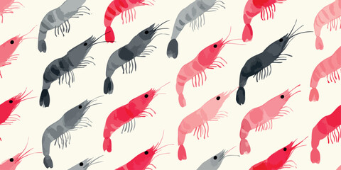 Watercolor pink and gray shrimp seamless pattern for fresh seafood branding, kitchen textiles, and coastal home decor wallpapers