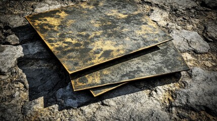 Overlapping copper plates with etched abstract design on stone