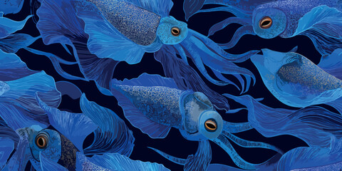 Glowing blue squid and deep sea cephalopod seamless pattern for luxury aquatic textiles, marine themed wallpapers, and modern branding projects