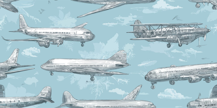 Classic aircraft with botanical line art seamless pattern on blue background for elegant aviation textiles, travel wallpapers, and branding