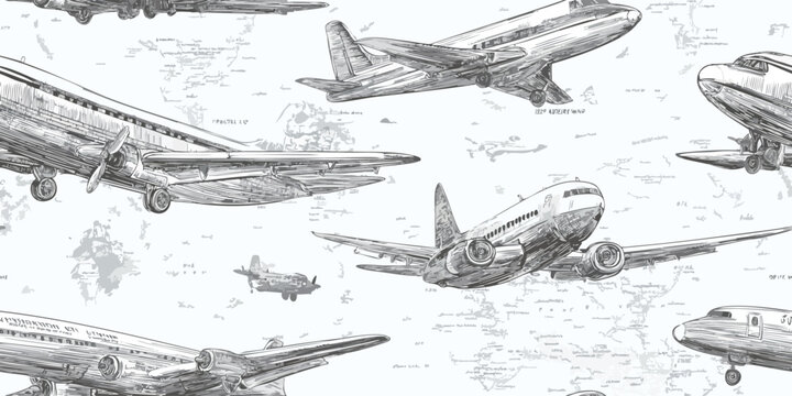 Detailed vintage aviation and world map sketch seamless pattern for sophisticated travel branding, office wallpapers, and luxury packaging