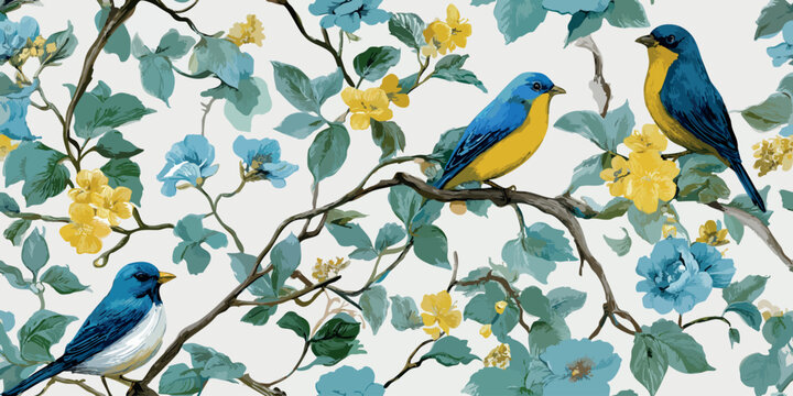 Vintage botanical blue bird and yellow flower seamless pattern for classic textiles, traditional wallpapers, and rustic home decor..