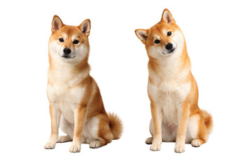 Two adorable Shiba Inu dogs sitting side by side, full body view, isolated on white background. Cute Japanese dog breed with fluffy fur, alert ears, and friendly expression, perfect for pet, companion