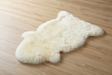 Fur product stage: Pure white sheepskin rug stage placed on a light wooden floor.