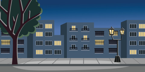 Night City Street with Apartment Buildings and Streetlight. Pedestrian street. City apartment. City house landscape.  