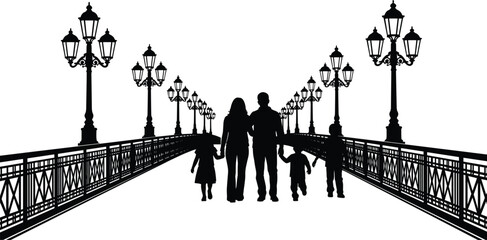 Family walking on bridge silhouette with street lamps, parents and children holding hands, urban lifestyle, togetherness, and evening city atmosphere
