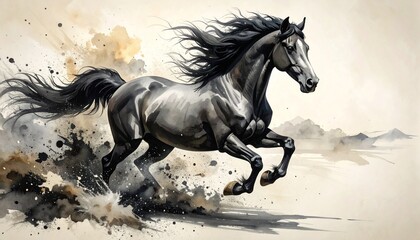 Naklejka premium Powerful black stallion galloping through water, creating a dynamic splash in a dramatic, moody artistic rendering