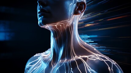 Glowing neural network on human neck and face