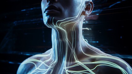 Futuristic human with neon neural network glowing on skin