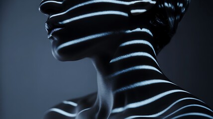 Woman's face and neck with neon blue stripes in dark room