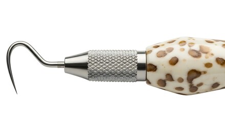 A studio close-up of a stainless steel dental explorer tool featuring a knurled metal grip and a white handle with brown leopard-style spots, isolated against a white background.