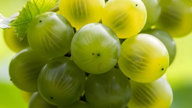 Close-up of a vibrant cluster of green and yellowish grapes ripening on a vine in natural light. - Powered by Adobe